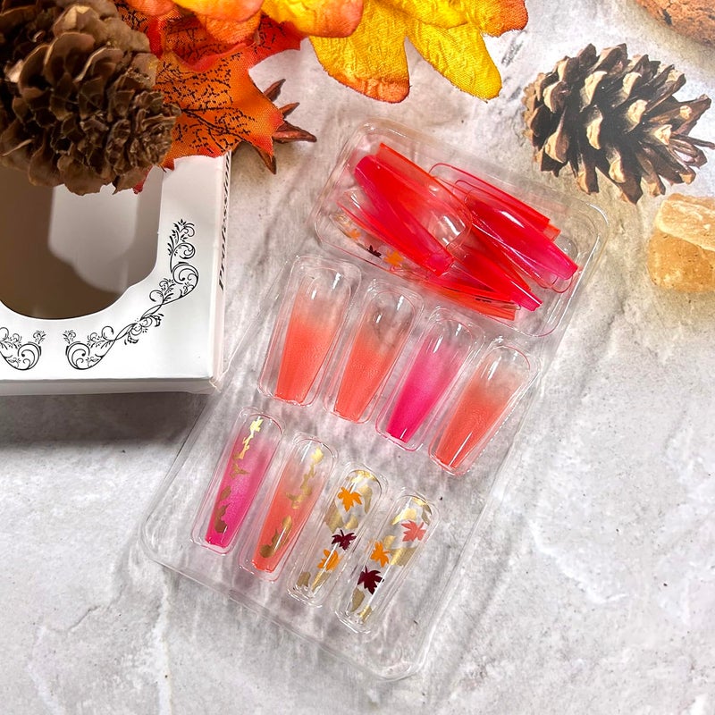 CJDLTS Thanksgiving Press on Nails Long Ballet Shaped Maple Leaf Sequins Design Fall False Nail Full Cover Glossy Gradient Stick on Nail Acrylic Artificial Fingernails Festival Glue on Nails for Women - Image 3